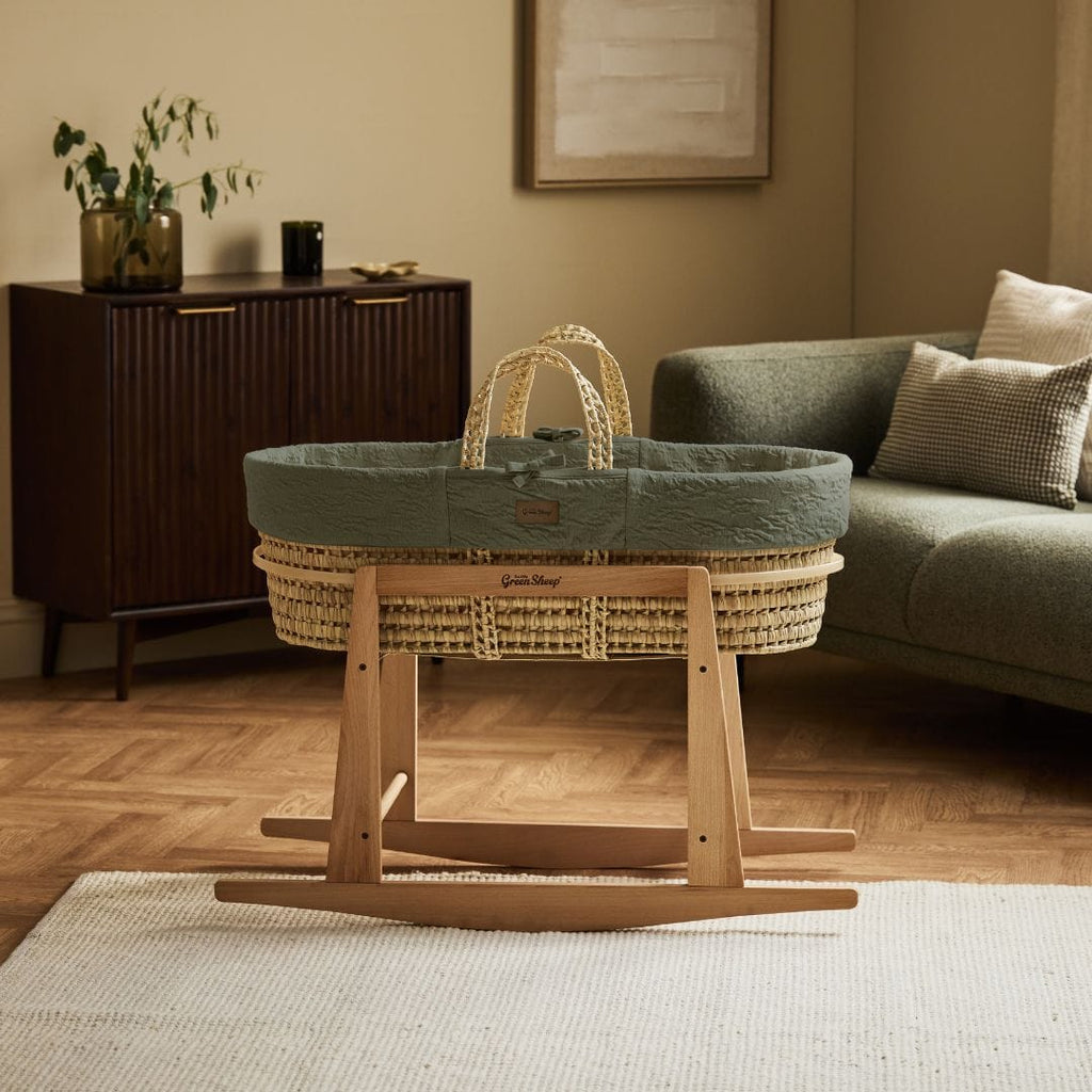 Little Green Sheep Moses Basket, Mattress & Stand Organic Furrow Knitted Moses Basket, Mattress & Natural Rocking Stand Juniper