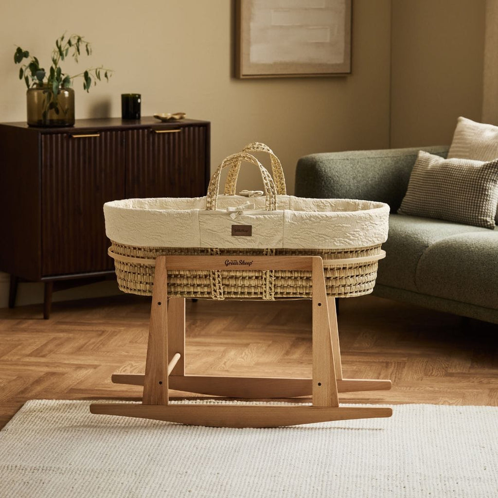 Little Green Sheep Moses Basket, Mattress & Stand Organic Furrow Knitted Moses Basket, Mattress & Natural Rocking Stand Linen