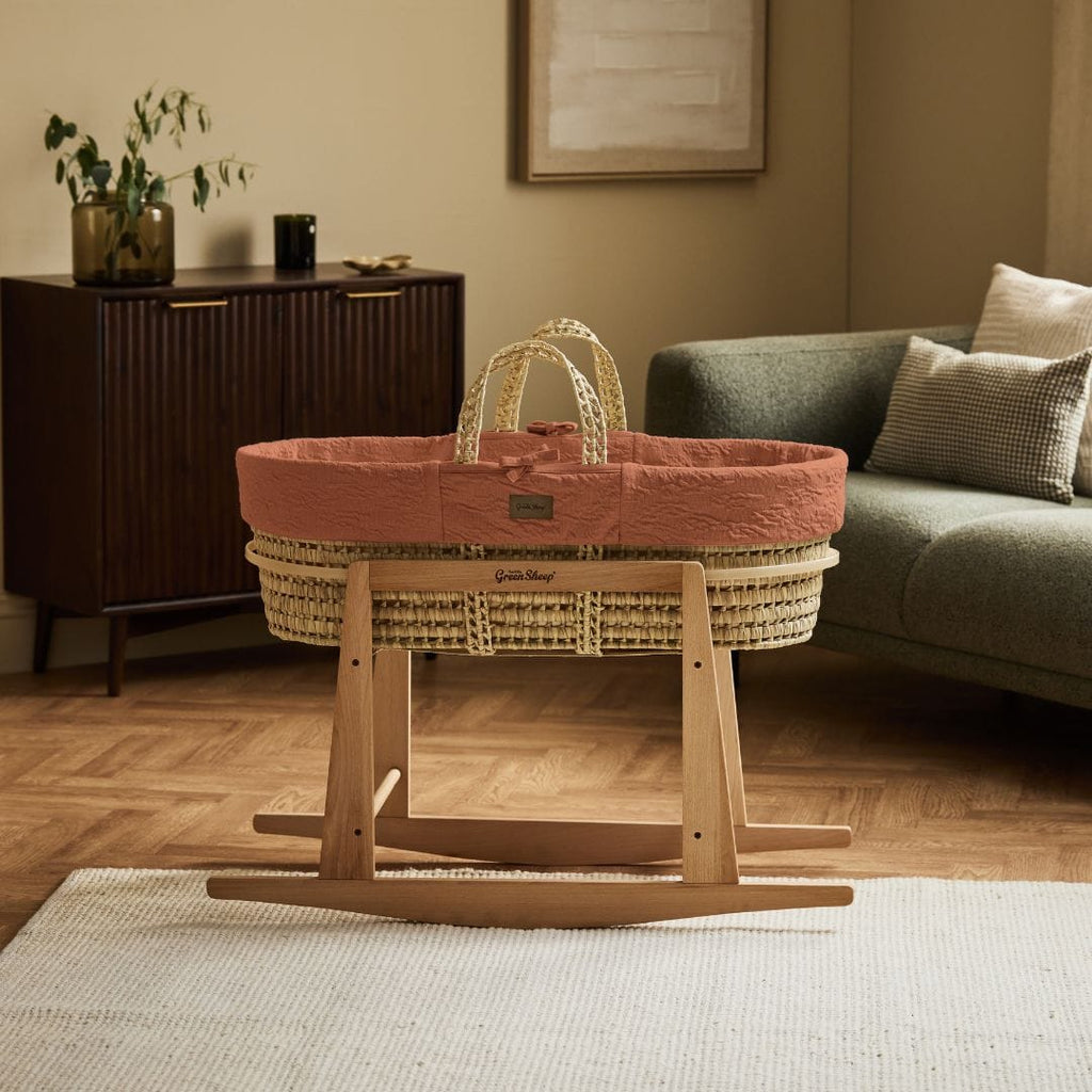 Little Green Sheep Moses Basket, Mattress & Stand Organic Furrow Knitted Moses Basket, Mattress & Natural Rocking Stand Terracotta