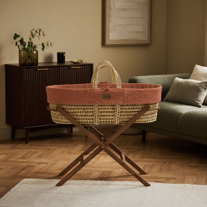 Little Green Sheep Moses Basket, Mattress & Stand Organic Furrow Knitted Moses Basket, Mattress & Walnut Foldable Stand Terracotta