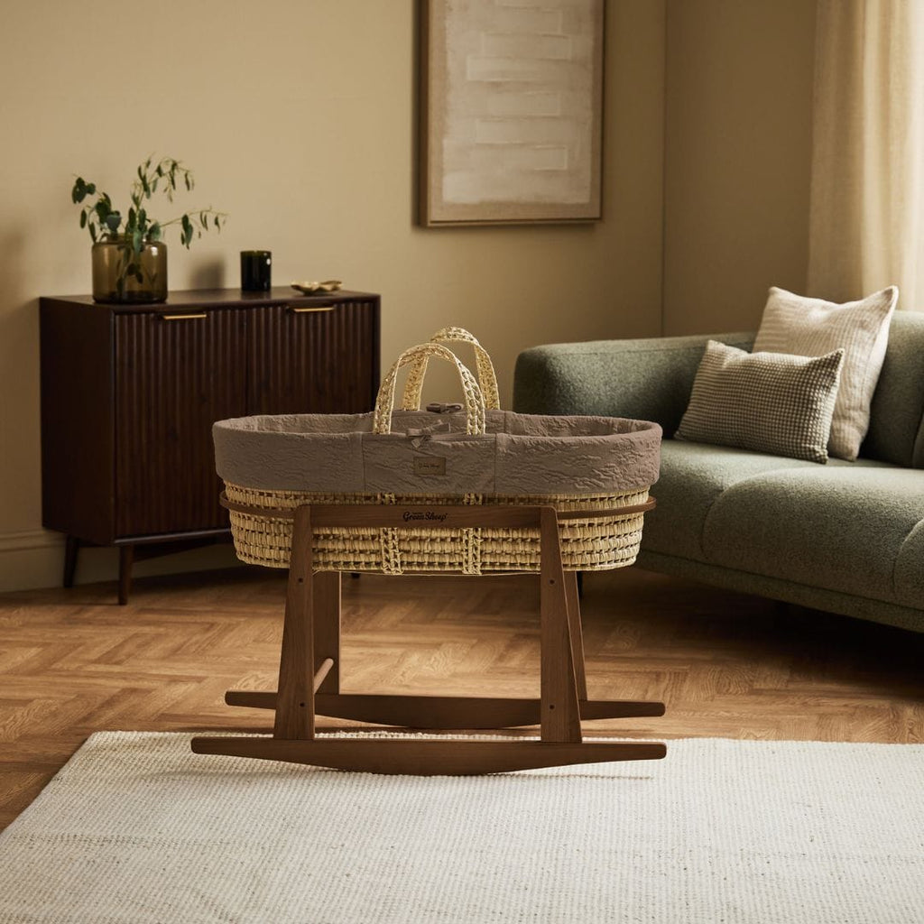 Little Green Sheep Moses Basket, Mattress & Stand Organic Furrow Knitted Moses Basket, Mattress & Walnut Rocking Stand Cocoa