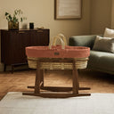 Organic Furrow Knitted Moses Basket, Mattress & Walnut Rocking Stand Terracotta