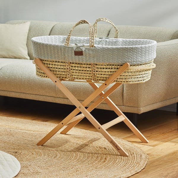 Organic Knitted Moses Basket, Mattress & Natural Foldable Stand Dove Grey