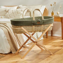 Organic Knitted Moses Basket, Mattress & Natural Foldable Stand Juniper