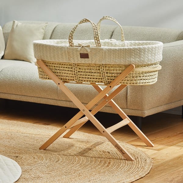 Organic Knitted Moses Basket, Mattress & Natural Foldable Stand Linen