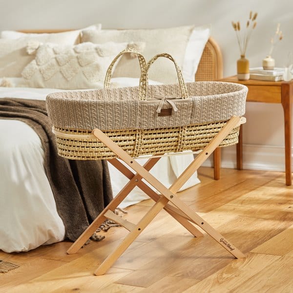 Little Green Sheep Moses Basket, Mattress & Stand Organic Knitted Moses Basket, Mattress & Natural Foldable Stand Truffle