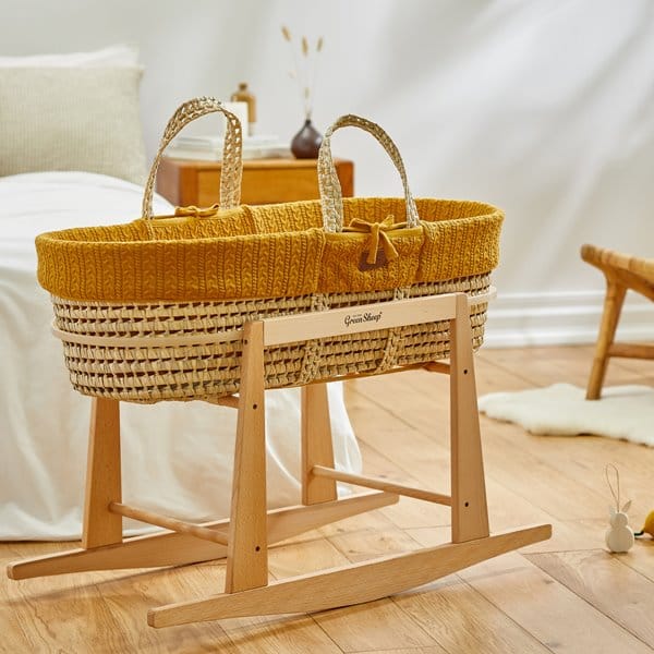 Organic Knitted Moses Basket, Mattress & Natural Rocking Stand Honey