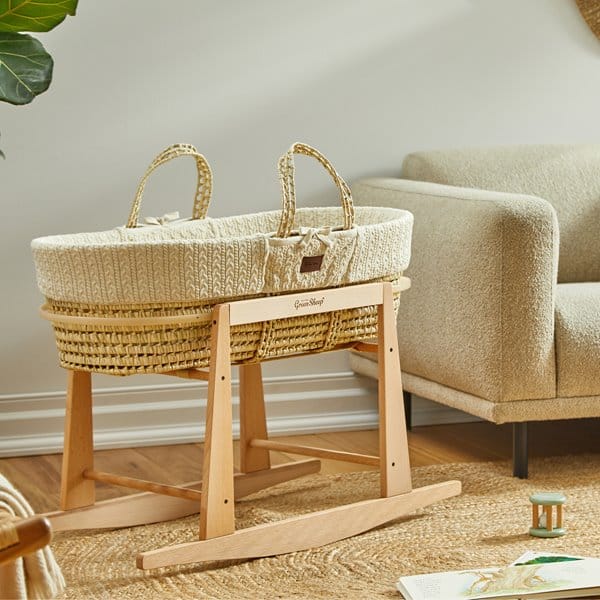 Little Green Sheep Moses Basket, Mattress & Stand Organic Knitted Moses Basket, Mattress & Natural Rocking Stand Linen