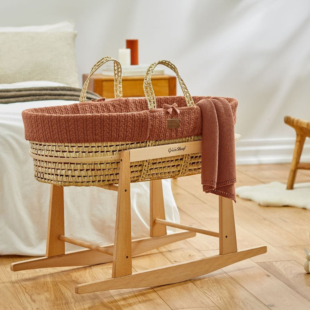 Organic Knitted Moses Basket, Mattress & Natural Rocking Stand Terracotta