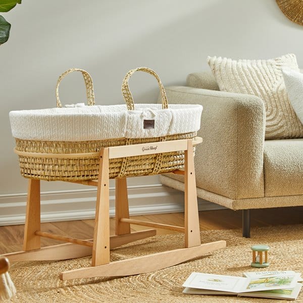 Little Green Sheep Moses Basket, Mattress & Stand Organic Knitted Moses Basket, Mattress & Natural Rocking Stand White