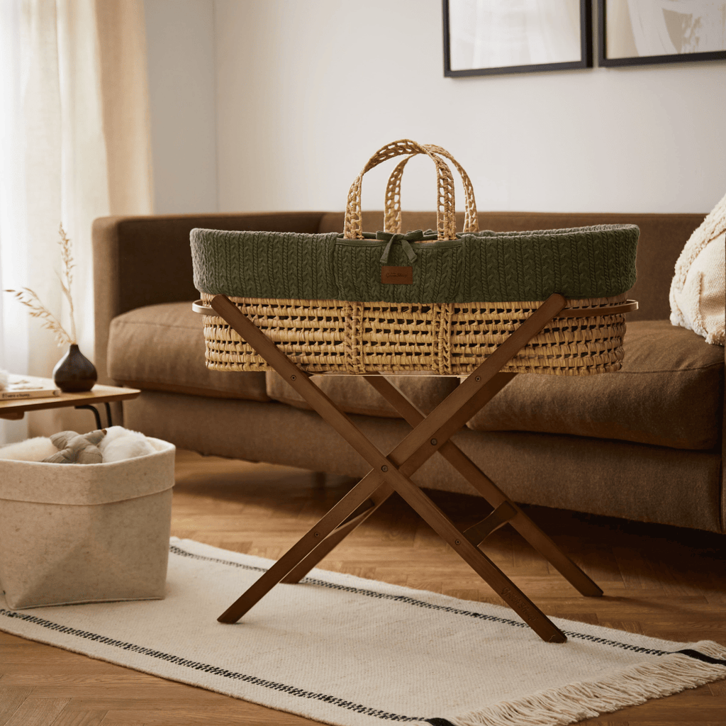 Organic Knitted Moses Basket, Mattress & Walnut Foldable Stand Juniper