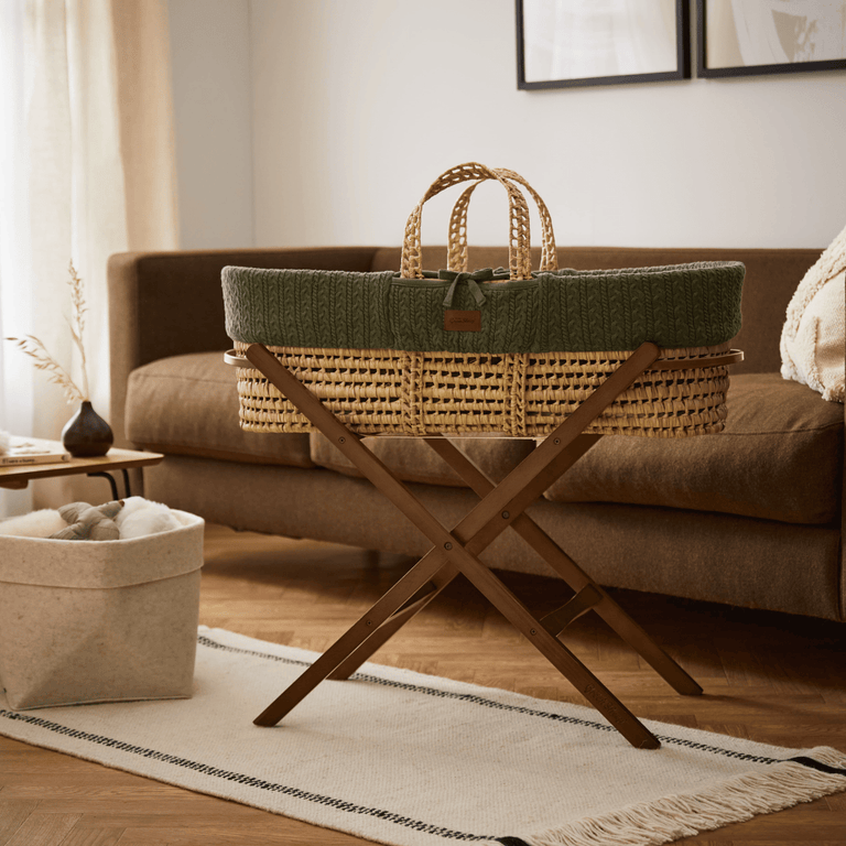 Organic Knitted Moses Basket, Mattress & Walnut Foldable Stand Juniper