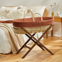 Organic Knitted Moses Basket, Mattress & Walnut Foldable Stand Terracotta