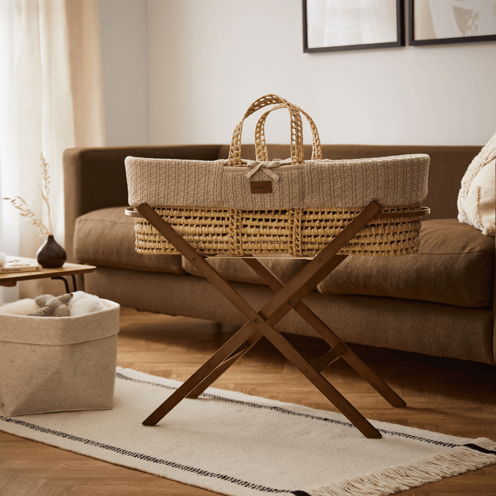 Organic Knitted Moses Basket, Mattress & Walnut Foldable Stand Truffle