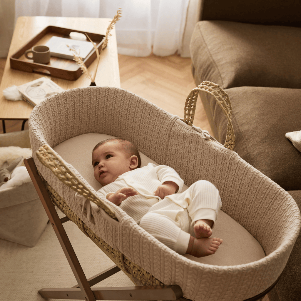 Organic Knitted Moses Basket, Mattress & Walnut Foldable Stand Truffle