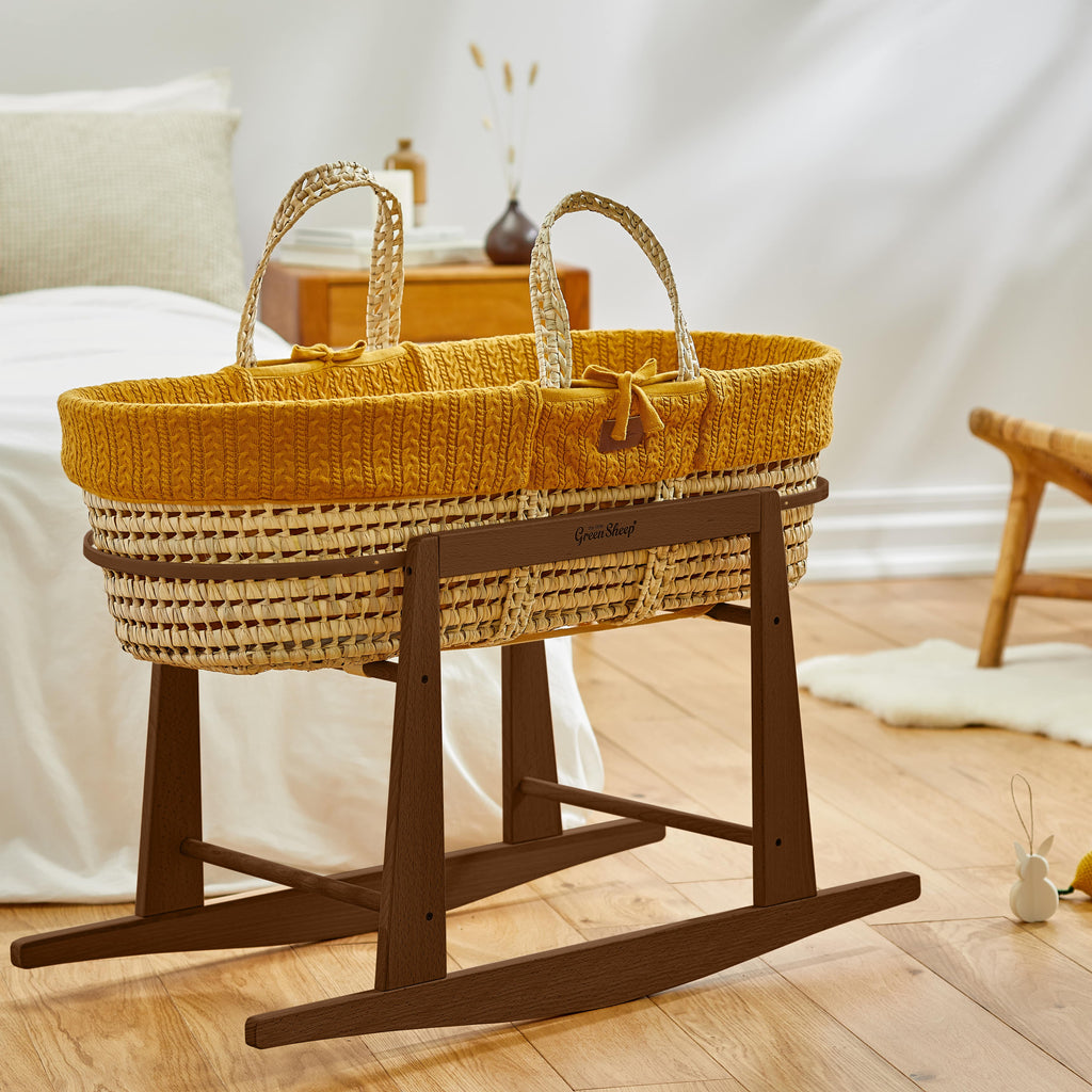 Little Green Sheep Moses Basket, Mattress & Stand Organic Knitted Moses Basket, Mattress & Walnut Rocking Stand Honey