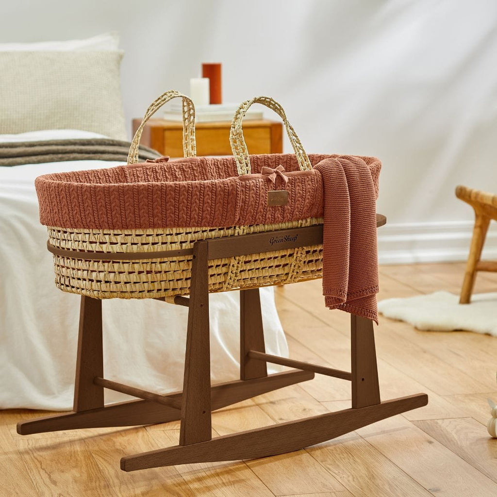 Little Green Sheep Moses Basket, Mattress & Stand Organic Knitted Moses Basket, Mattress & Walnut Rocking Stand Terracotta