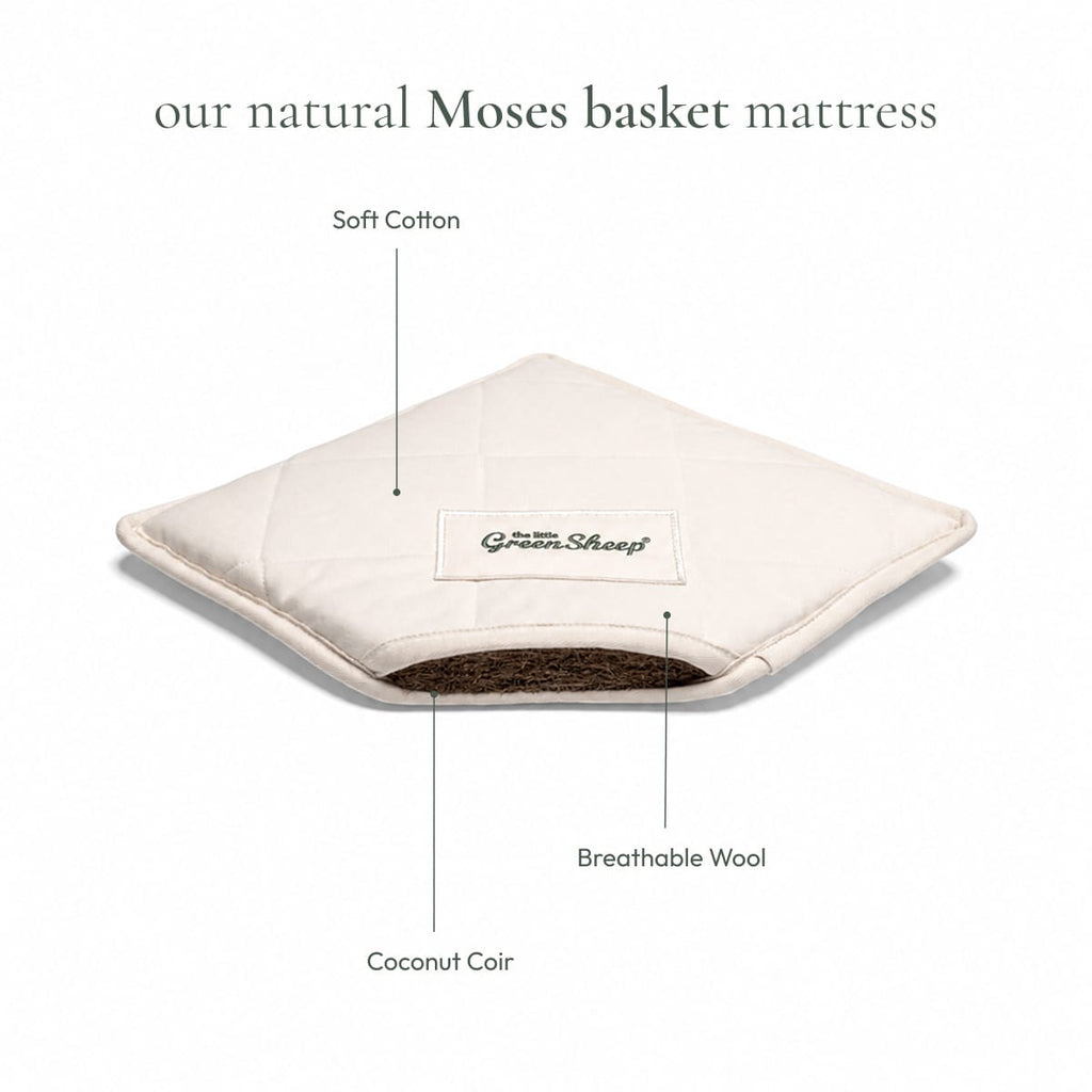 Little Green Sheep Moses Basket, Mattress & Stand Organic Knitted Moses Basket, Mattress & Walnut Rocking Stand Truffle