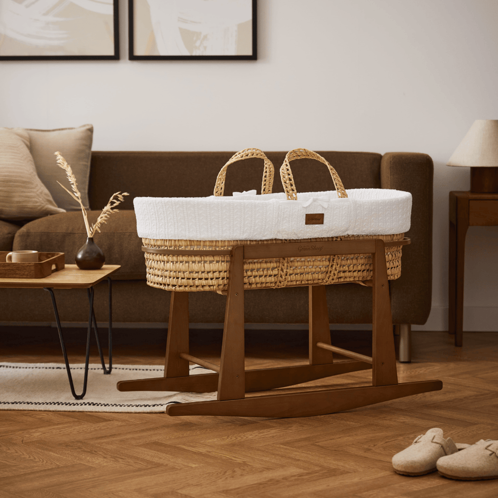 Little Green Sheep Moses Basket, Mattress & Stand Organic Knitted Moses Basket, Mattress & Walnut Rocking Stand White