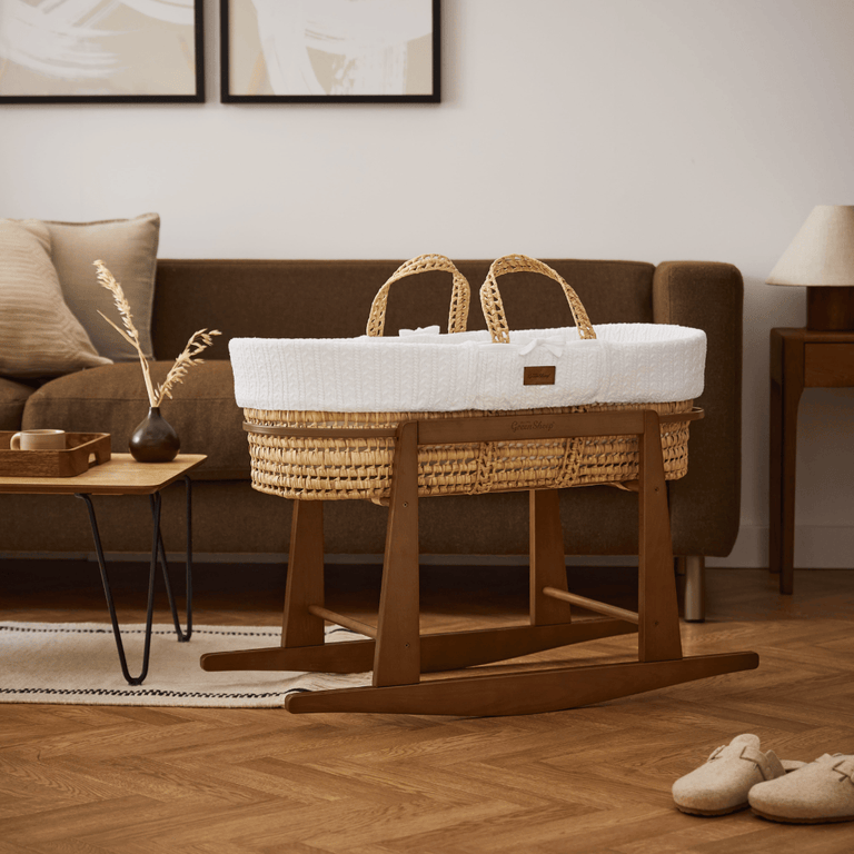 Organic Knitted Moses Basket, Mattress & Walnut Rocking Stand White