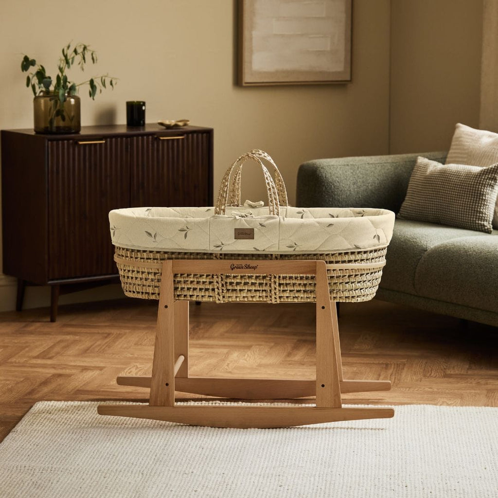 Organic Leaves Quilt Moses Basket, Mattress & Natural Rocking Stand