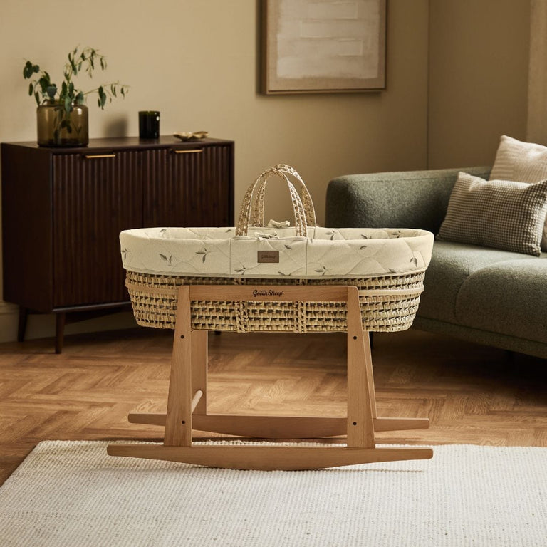 Organic Leaves Quilt Moses Basket, Mattress & Natural Rocking Stand