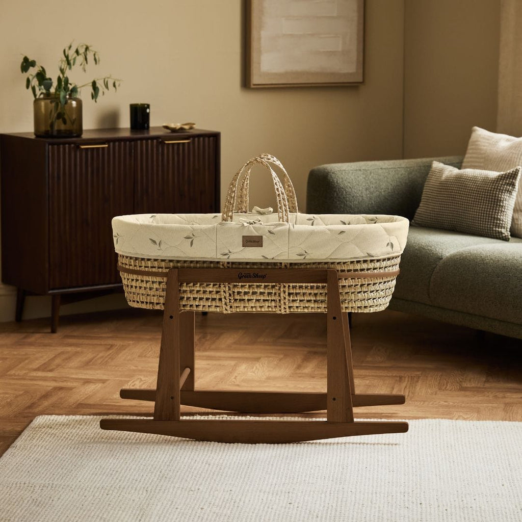 Little Green Sheep Moses Basket, Mattress & Stand Organic Leaves Quilt Moses Basket, Mattress & Walnut Rocking Stand