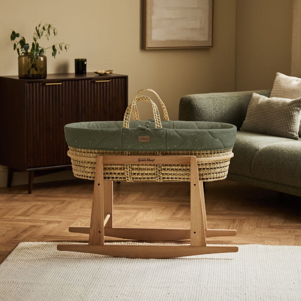 Little Green Sheep Moses Basket, Mattress & Stand Organic Rice Quilt Moses Basket, Mattress & Natural Rocking Stand Juniper with Sage