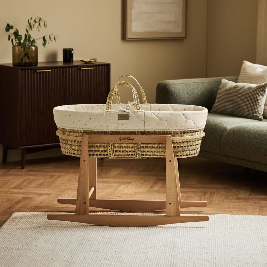 Little Green Sheep Moses Basket, Mattress & Stand Organic Rice Quilt Moses Basket, Mattress & Natural Rocking Stand Linen with Cocoa