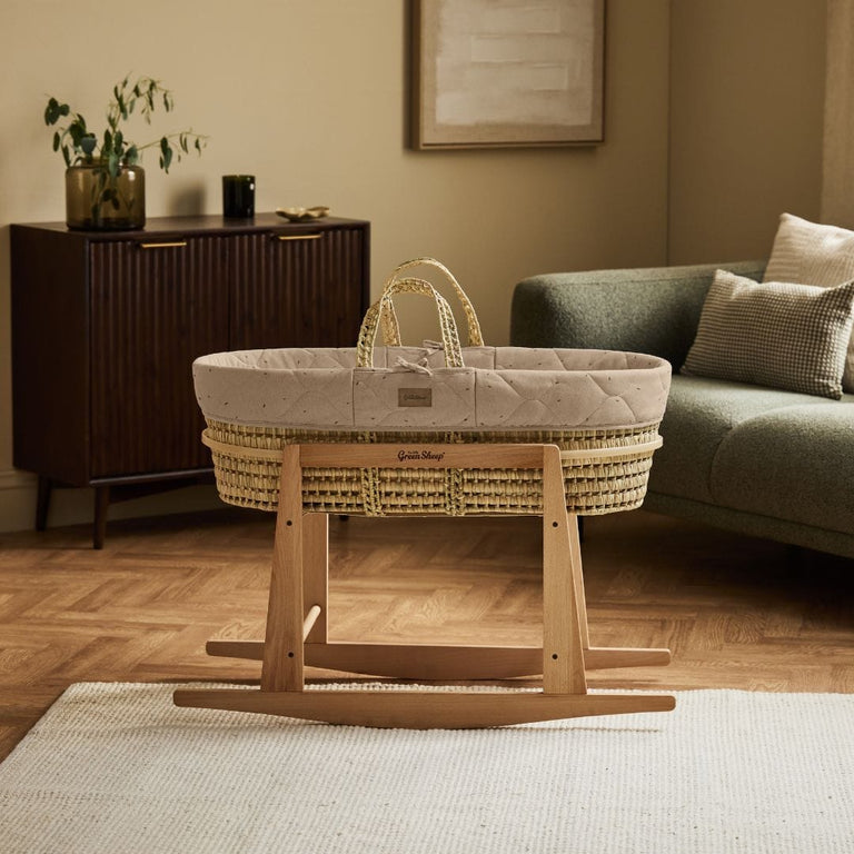 Organic Rice Quilt Moses Basket, Mattress & Natural Rocking Stand Truffle with Cocoa