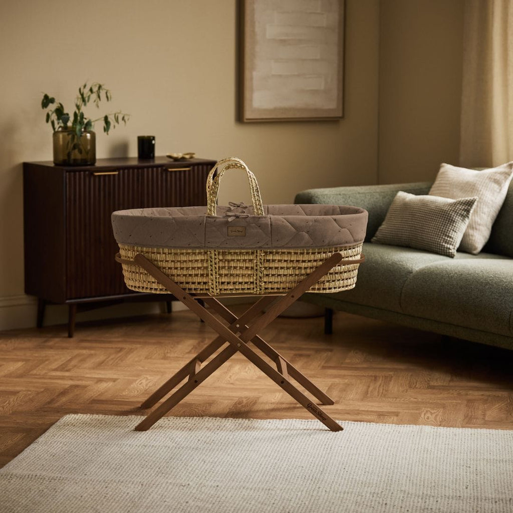 Little Green Sheep Moses Basket, Mattress & Stand Organic Rice Quilt Moses Basket, Mattress & Walnut Foldable Stand Cocoa with Ebony