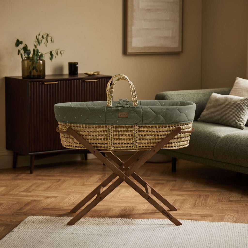 Little Green Sheep Moses Basket, Mattress & Stand Organic Rice Quilt Moses Basket, Mattress & Walnut Foldable Stand Juniper with Sage