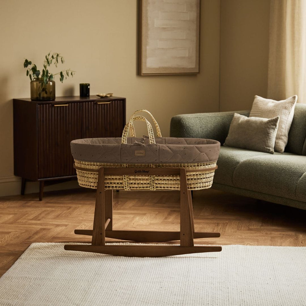 Little Green Sheep Moses Basket, Mattress & Stand Organic Rice Quilt Moses Basket, Mattress & Walnut Rocking Stand Cocoa with Ebony