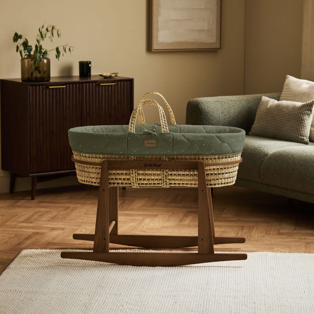 Little Green Sheep Moses Basket, Mattress & Stand Organic Rice Quilt Moses Basket, Mattress & Walnut Rocking Stand Juniper with Sage