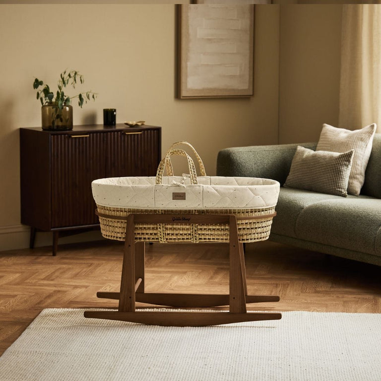 Organic Rice Quilt Moses Basket, Mattress & Walnut Rocking Stand Linen with Cocoa