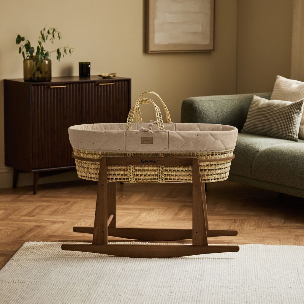 Little Green Sheep Moses Basket, Mattress & Stand Organic Rice Quilt Moses Basket, Mattress & Walnut Rocking Stand Truffle with Cocoa