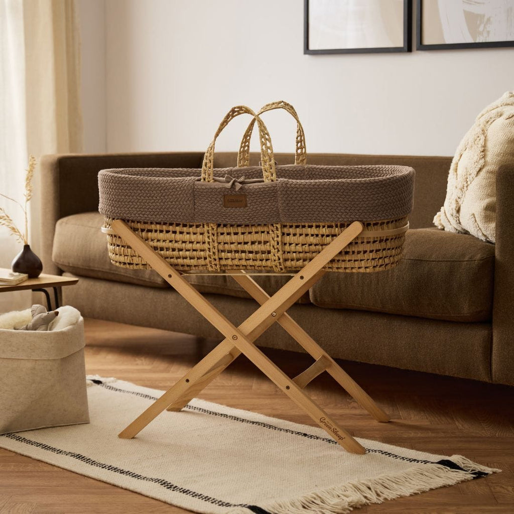 Little Green Sheep Moses Basket, Mattress & Stand Organic Wheat Knit Moses Basket, Mattress & Natural Foldable Stand Cocoa