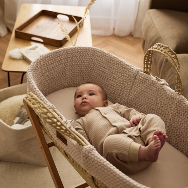 Organic Wheat Knit Moses Basket, Mattress & Natural Foldable Stand Truffle