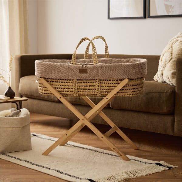 Organic Wheat Knit Moses Basket, Mattress & Natural Foldable Stand Truffle