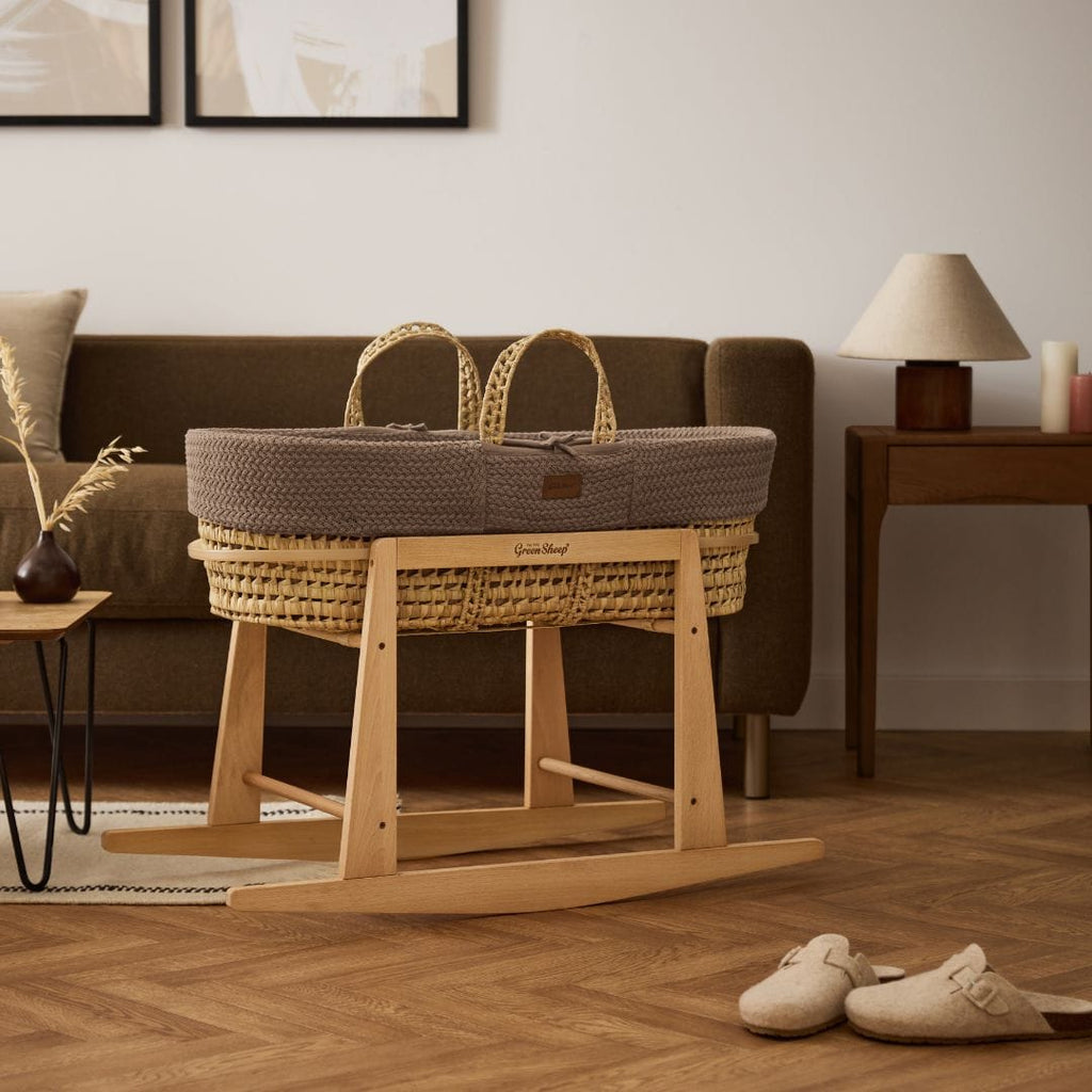 Organic Wheat Knitted Moses Basket, Mattress & Natural Rocking Stand Cocoa
