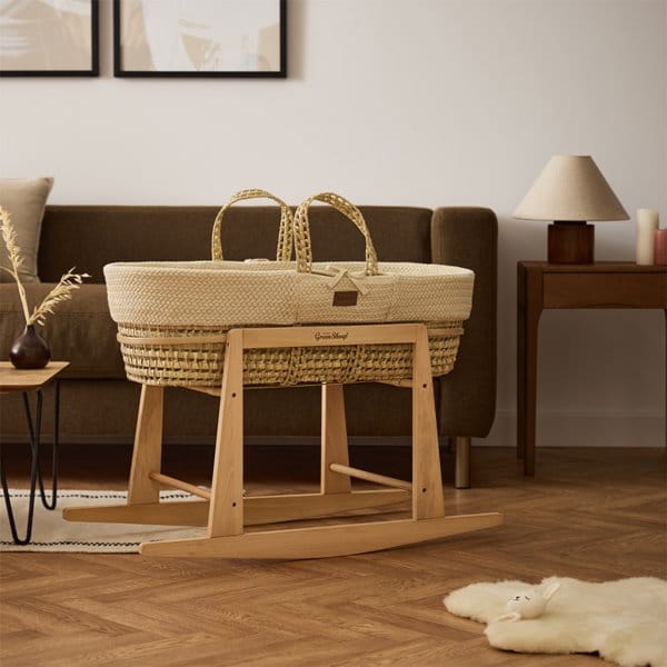 Little Green Sheep Moses Basket, Mattress & Stand Organic Wheat Knitted Moses Basket, Mattress & Natural Rocking Stand Linen