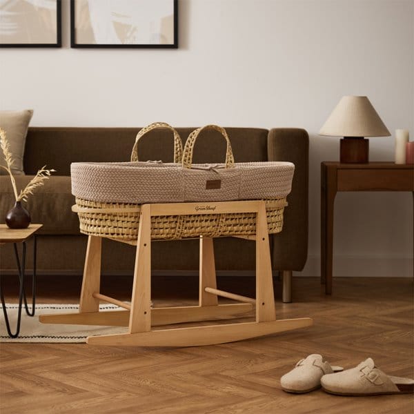 Organic Wheat Knitted Moses Basket, Mattress & Natural Rocking Stand Truffle