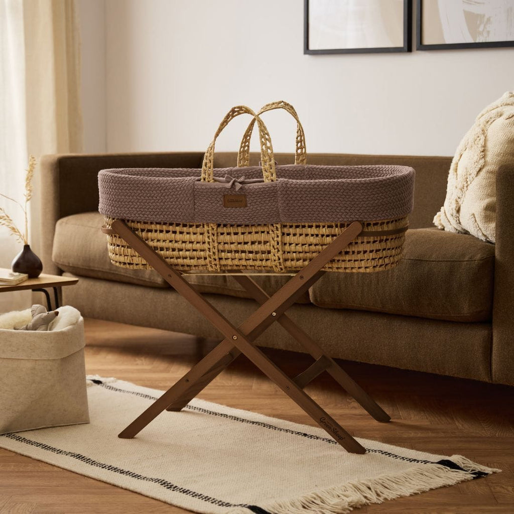 Little Green Sheep Moses Basket, Mattress & Stand Organic Wheat Knitted Moses Basket, Mattress & Walnut Foldable Stand Cocoa
