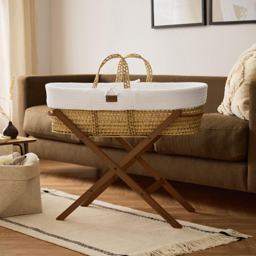 Little Green Sheep Moses Basket, Mattress & Stand Organic Wheat Knitted Moses Basket, Mattress & Walnut Foldable Stand White