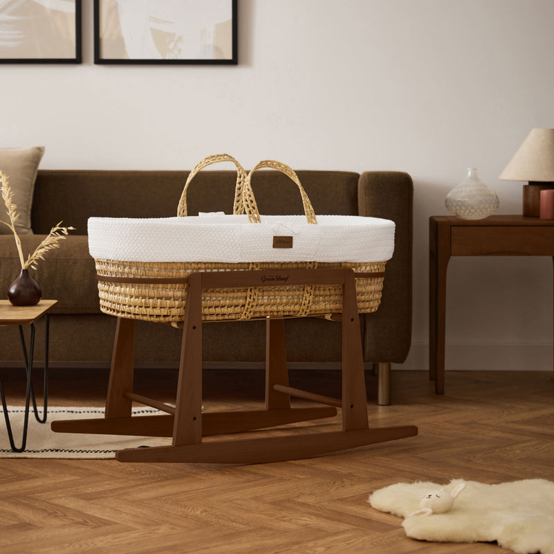 Little Green Sheep Moses Basket, Mattress & Stand Organic Wheat Knitted Moses Basket, Mattress & Walnut Rocking Stand White