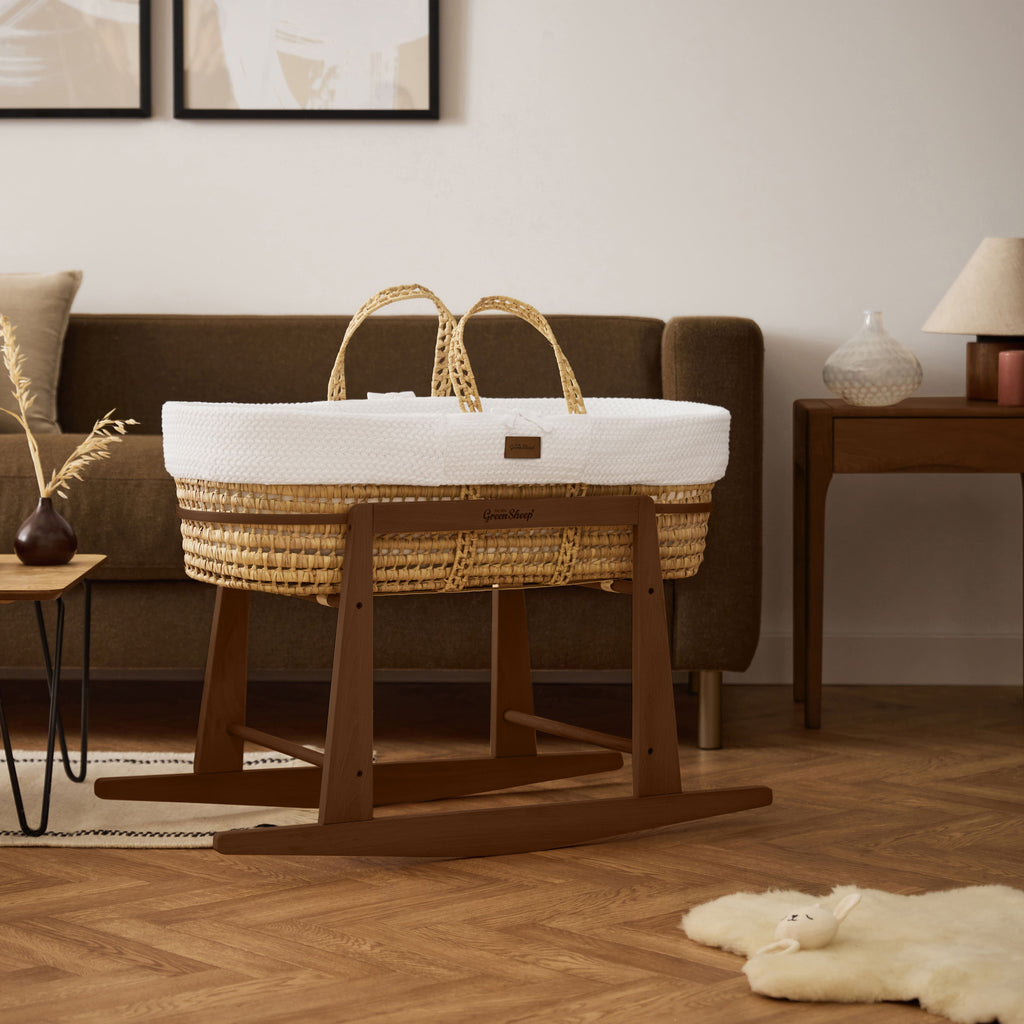 Organic Wheat Knitted Moses Basket, Mattress & Walnut Rocking Stand White