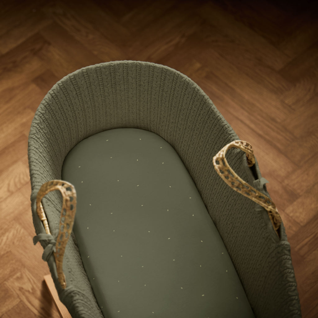 Organic Moses Basket Fitted Sheets in Juniper with Sage Rice