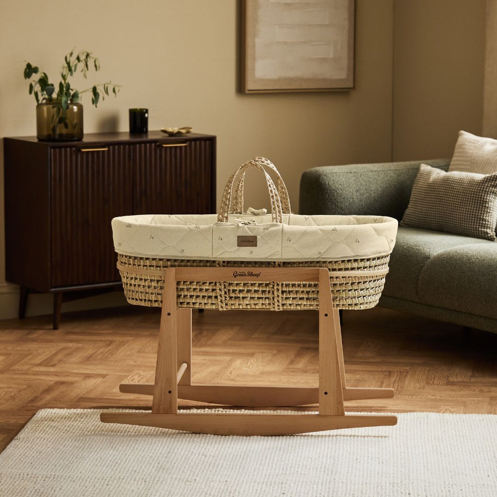 Organic Floral Quilt Moses Basket, Mattress & Natural Rocking Stand