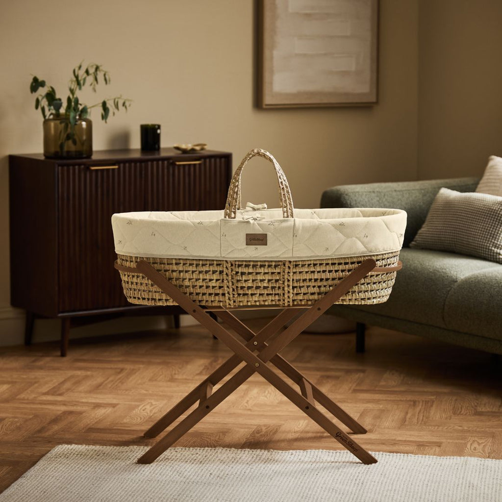 Organic Floral Quilt Moses Basket, Mattress & Walnut Static Stand