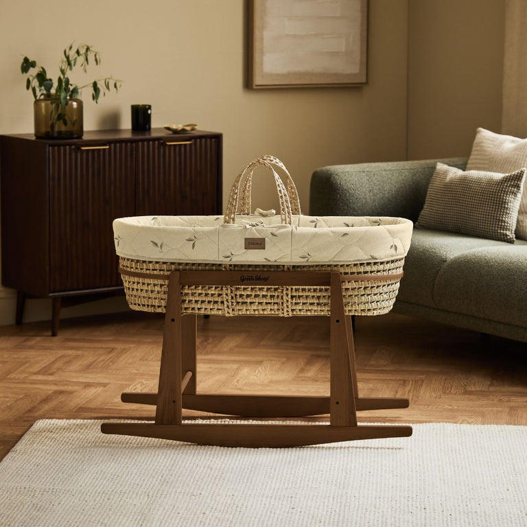 Organic Leaves Quilt Moses Basket, Mattress & Walnut Rocking Stand